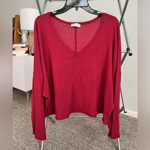 Red cropped waffle knit shirt
